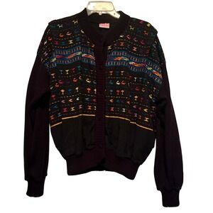 Vintage XSaltzax  Artwear Guatemalan Cardigan Sweater  Embroidered Knit Black